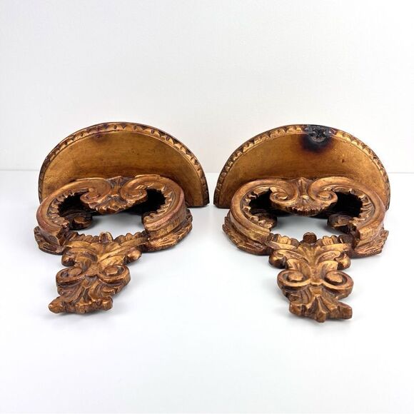 PAIR OF GILT WOOD WALL SHELVES BRACKETS ITALIAN FLORENTINE ROCOCO GOLD GILT - Picture 6 of 16